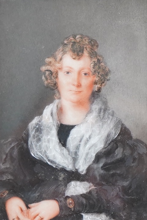 Early 19th century, English School, Portrait of a lady wearing mourning dress, unsigned, watercolour on card, 14 x 9cm, gilt framed